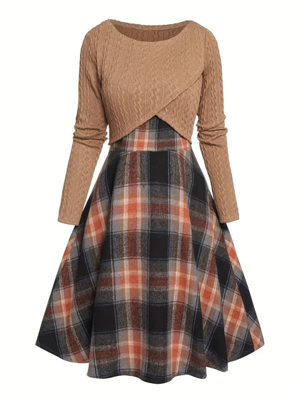 Textured Crop Top & Plaid Aline Elegant Two-piece Dress Set