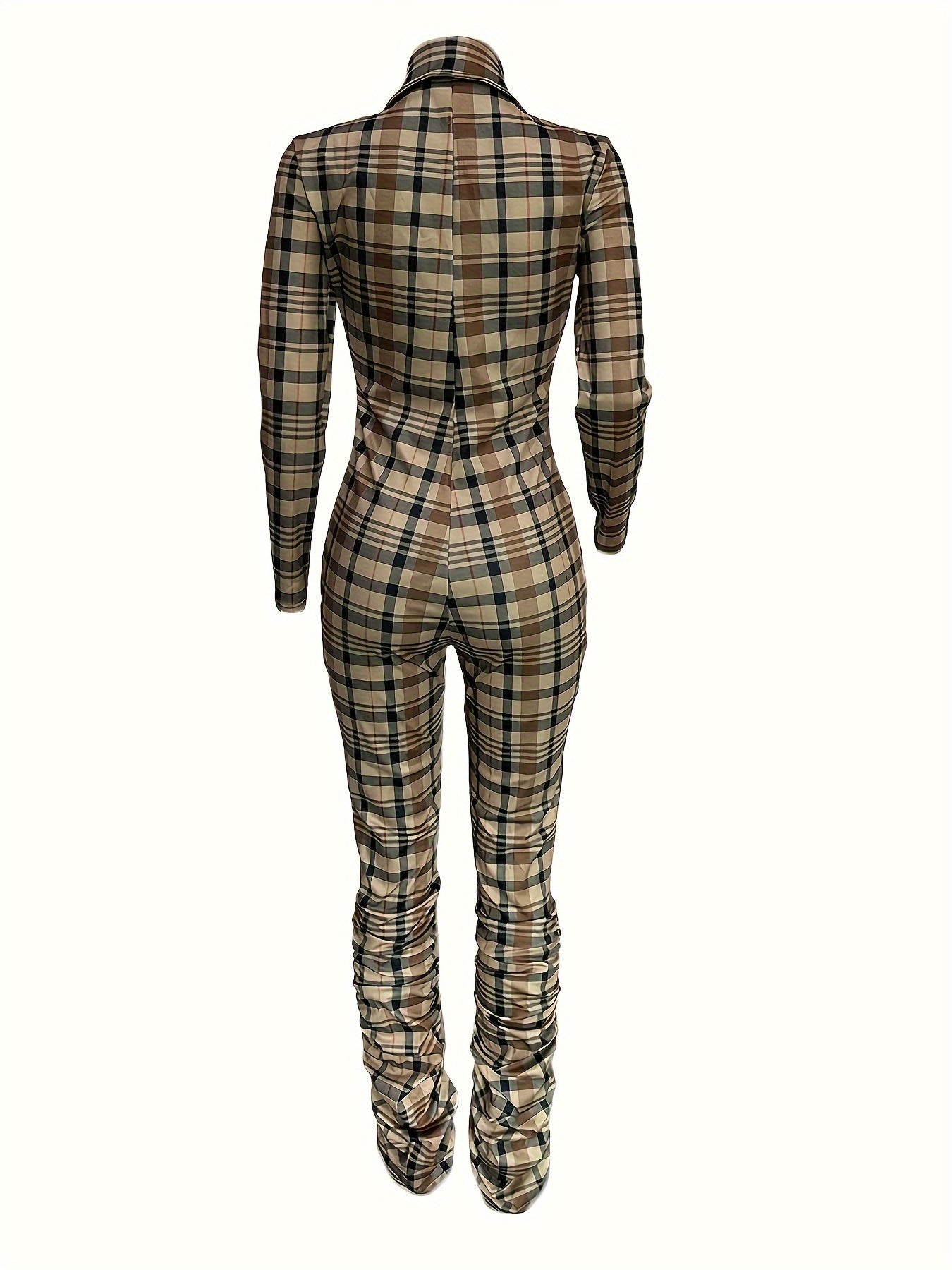 Effortless Chic: Plaid Pattern Zip Up Jumpsuit for Casual Elegance