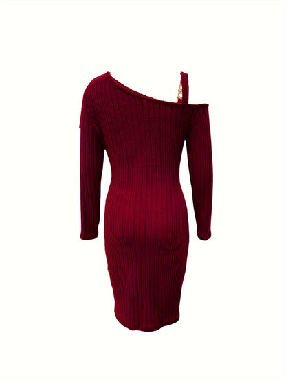 Sculpted Sophistication: Ribbed Slanted Shoulder Dress for Captivating Evenings