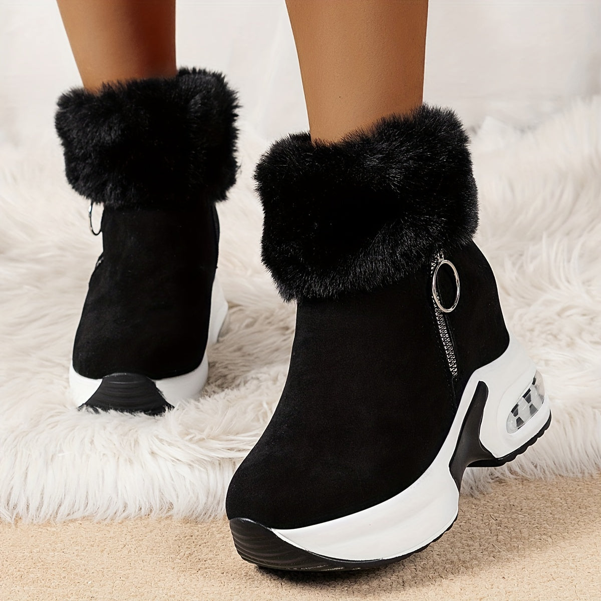 Plush Lined Women's Ankle Platform Short Boots With Side Zipper