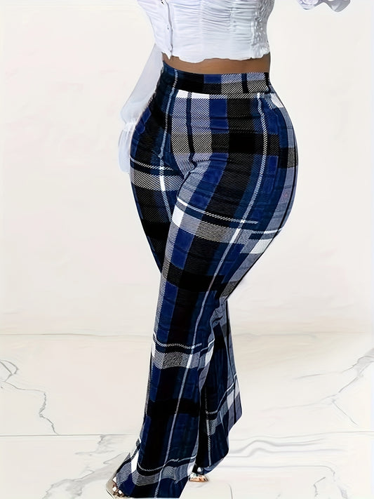 Casual Slim Plaid Print Flare High Waist Pants