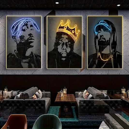 3pcs/set Hip Hop Canvas Print Posters, Neon Rap Star Canvas Wall Art Paintings