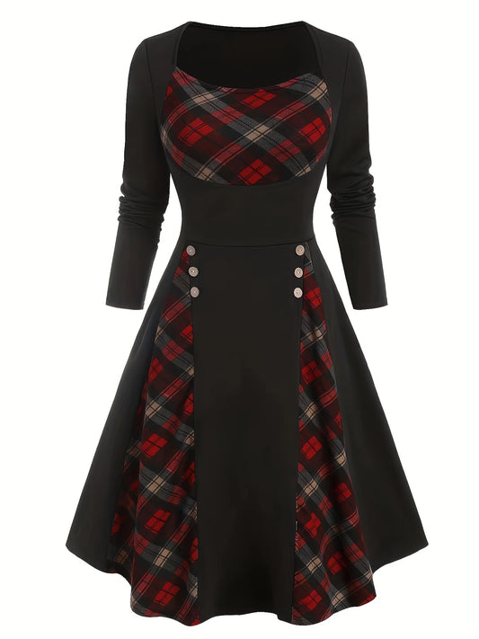 Casual Long Sleeve Plaid Crew Neck Button Dress