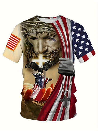 American Flag Eagle & Cross 3D Print Men's Graphic T-shirt