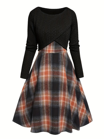 Textured Crop Top & Plaid Aline Elegant Two-piece Dress Set