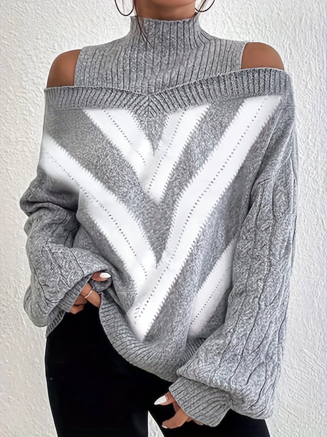 Casual Sweater -Geometric Print Cold Shoulder Long Sleeve